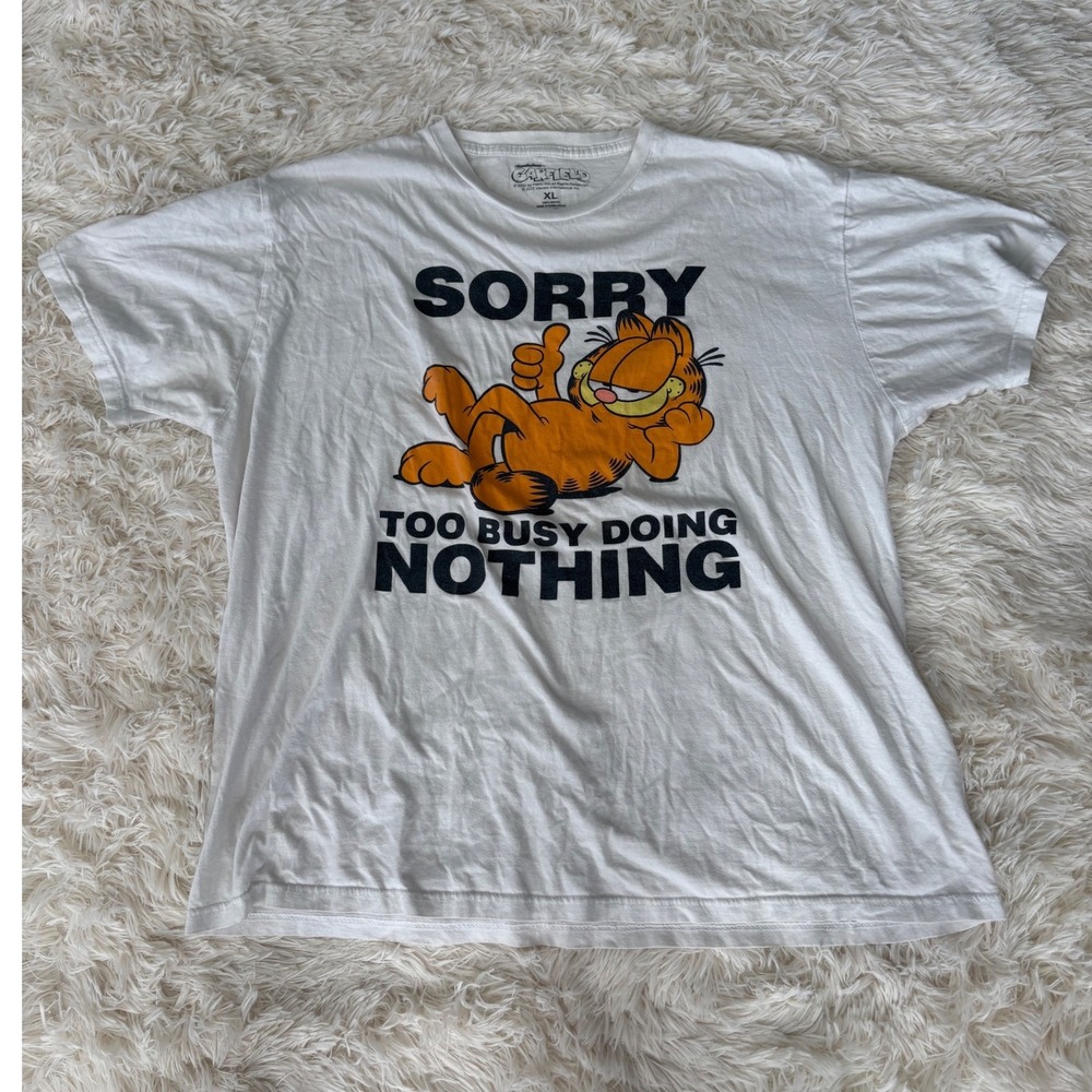 Garfield Sorry Too Busy Doing Nothing White Graphic Print T-Shirt‎ XL
